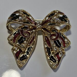 Macys Holiday Lane Gold Tone Holly Rhinestone Bow Brooch Red Green Enamel